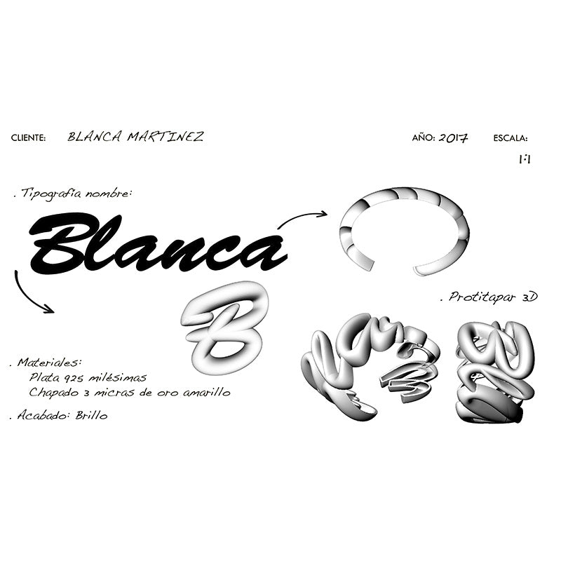 Prototipo 3D y boceto de Pulsera de Vermeil de oro amarillo o oro rosa, personalizada con tu nombre o palabra especial.
