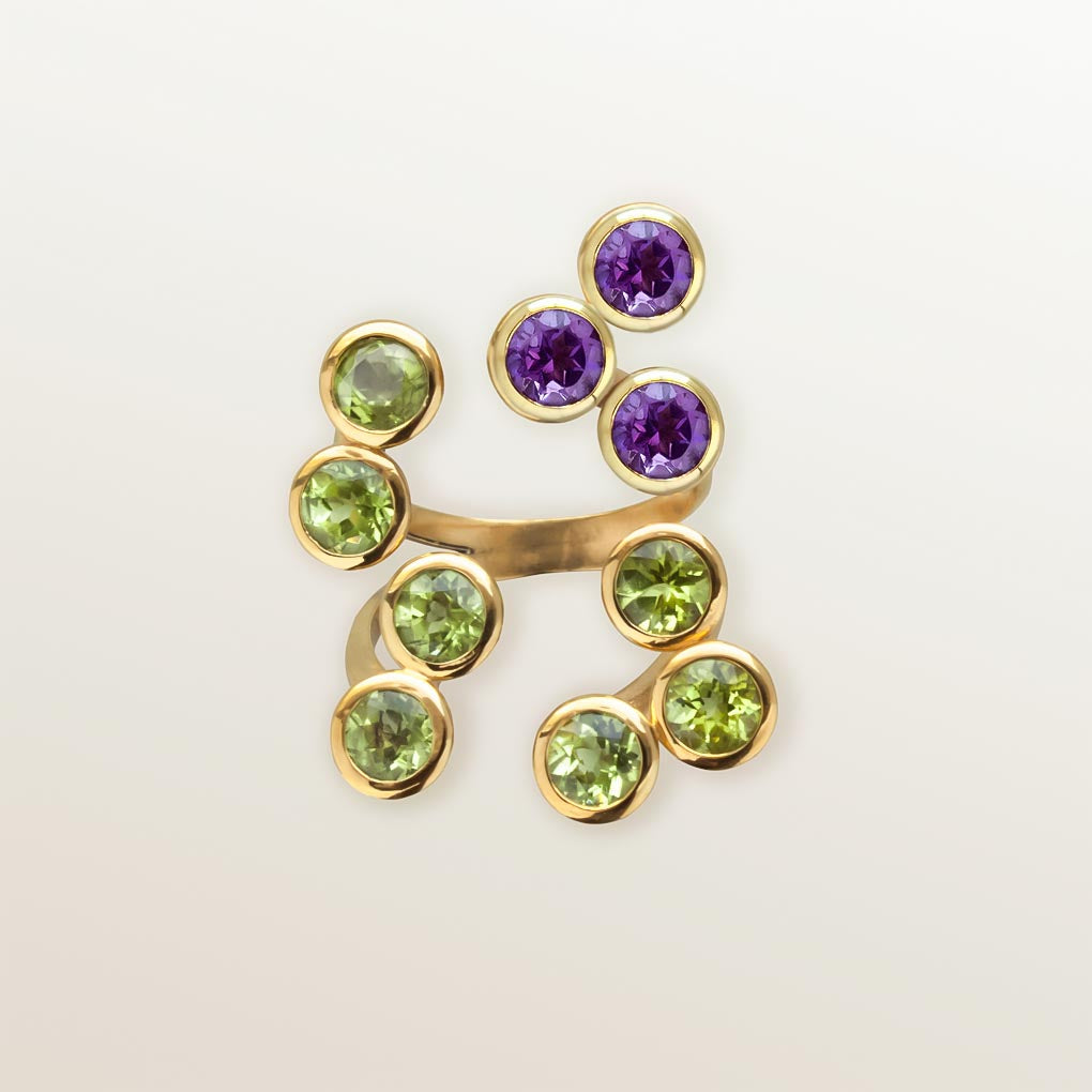 Anillo de Oro Vermeil amarillo, amatistas y 7 peridotos naturales talla brillante de 5mm.