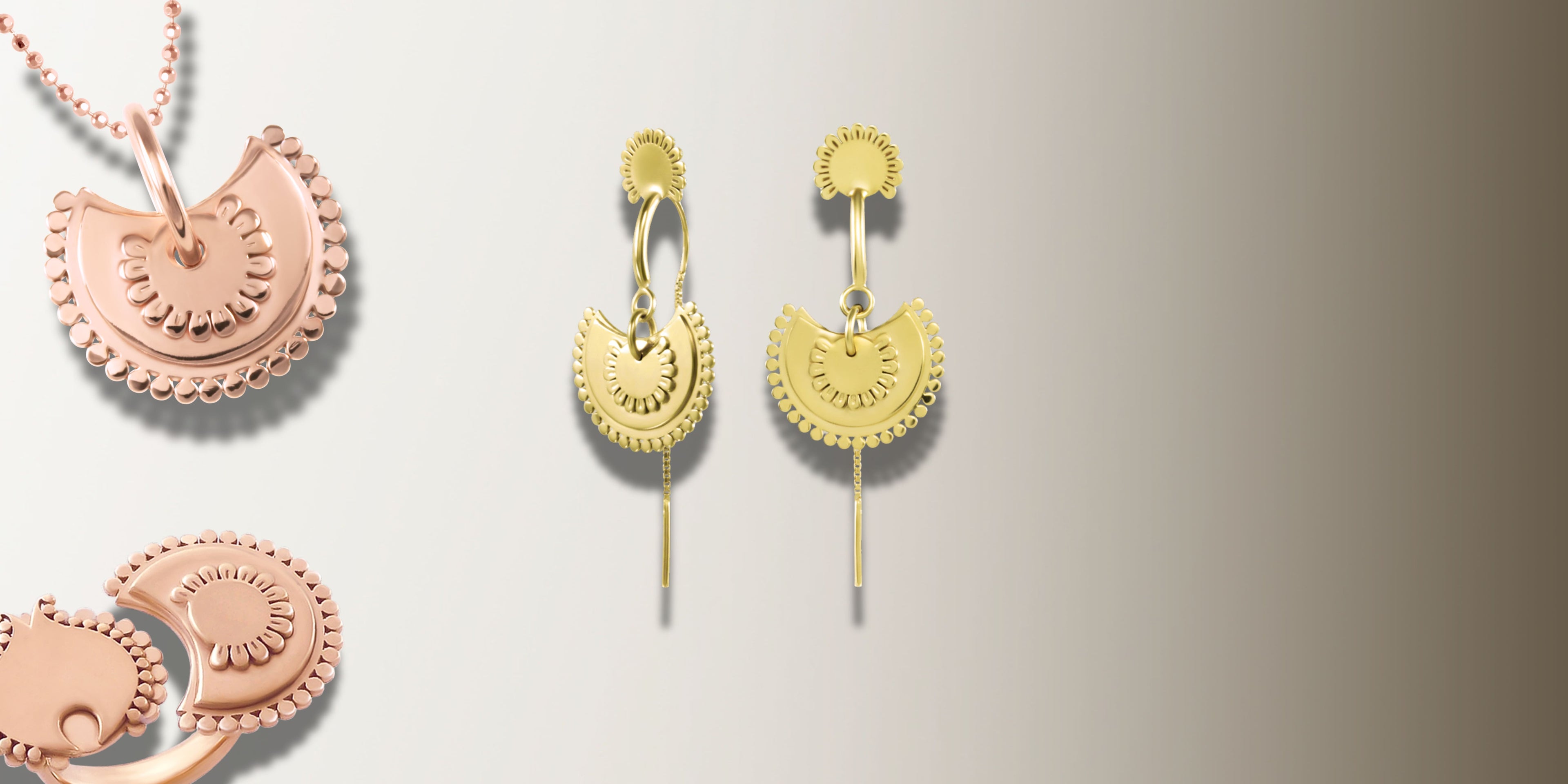 Pendientes con motivo en forma de flor semicircular y detalle de cadena, de Vermeil* de oro amarillo de 18 quilates. Elaborados uniendo el trabajo artesanal con la tecnología láser.