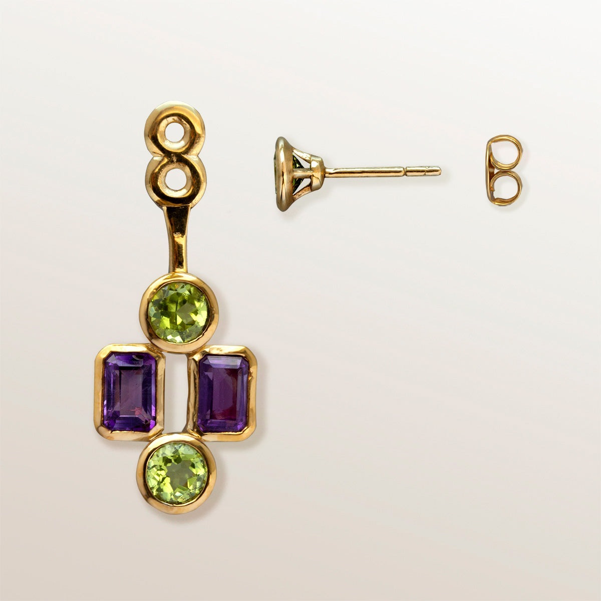 Pendientes desmontables tipo “ear jacket” de Oro Vermeil amarillo, 6 peridotos naturales talla brillante de 5mm de diámetro y 4 amatistas talla octogonal de 6 x 4mm.